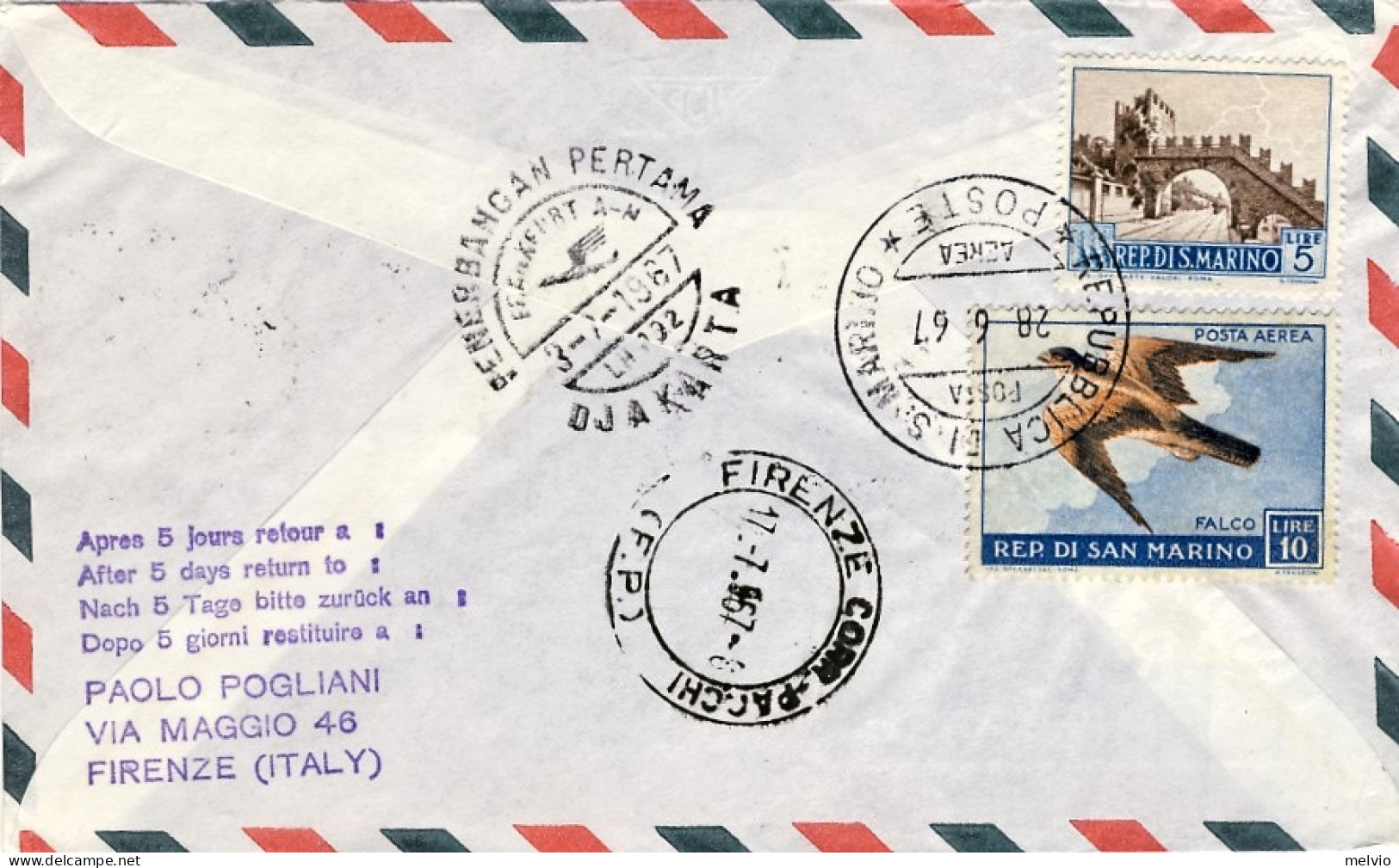 San Marino-1967 I^volo Lufthansa LH 692 Francoforte-Djakarta - Poste Aérienne