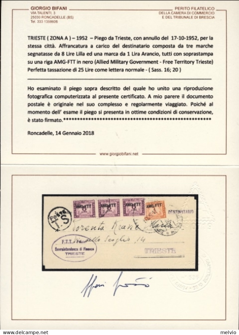 1952-Trieste A Piego Tassa A Carico Del Destinatario Espletata Con Striscia Segn - Storia Postale