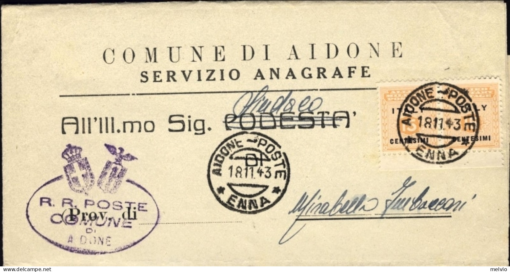 1943-Sicilia AMG OT Piego Municipale Da Aidone Enna Affrancato Con Due 15c. - Occ. Anglo-américaine: Sicile