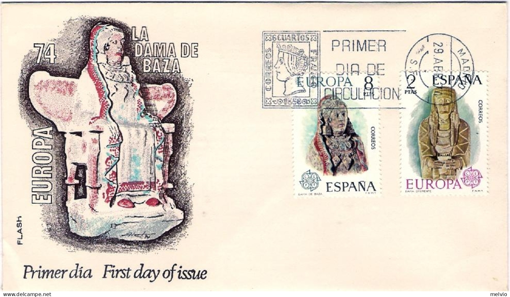 1974-Spagna S.2v."Europa-sculture"su Fdc Illustrata,annullo Cachet - FDC