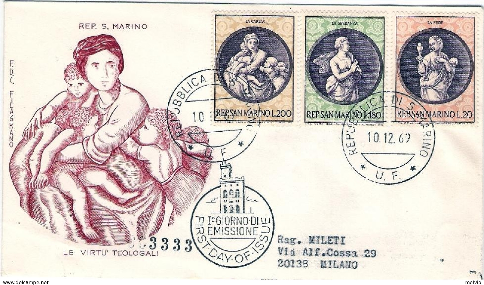 1969-San Marino S.3v."Natale"su Fdc Illustrata Viaggiata - Poste Aérienne