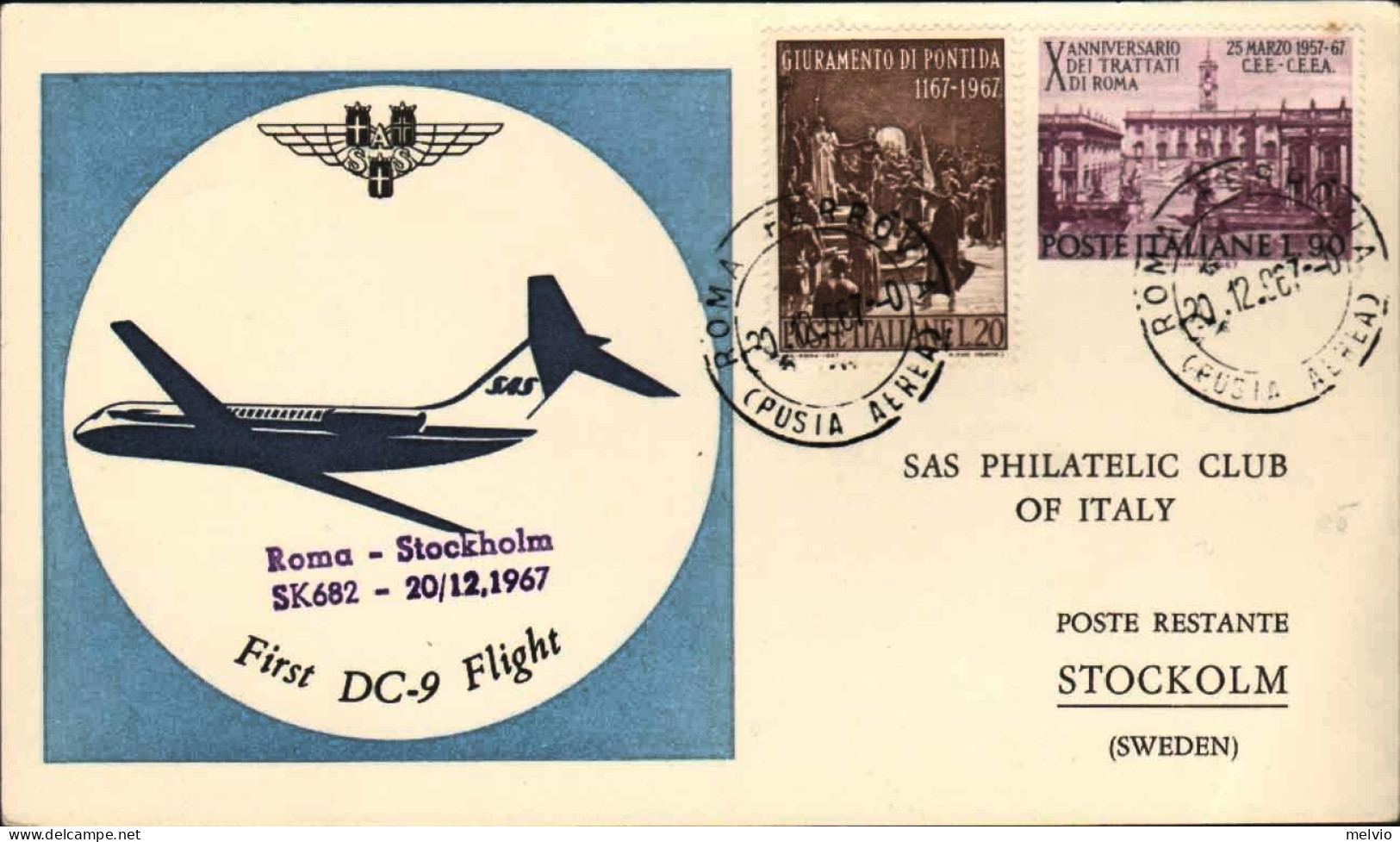 1967-cartolina SAS DC-9 Jet I^volo Roma Stoccolma Affrancata L.20 Giuramento Di  - Airmail