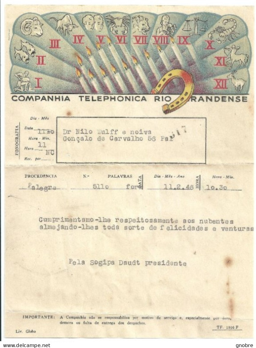 BRAZIL TELEGRAM TELEGRAMA PHONOGRAM FONOGRAMA GRANDENSE 1946 MASONRY HOROSCOPE - Autres & Non Classés