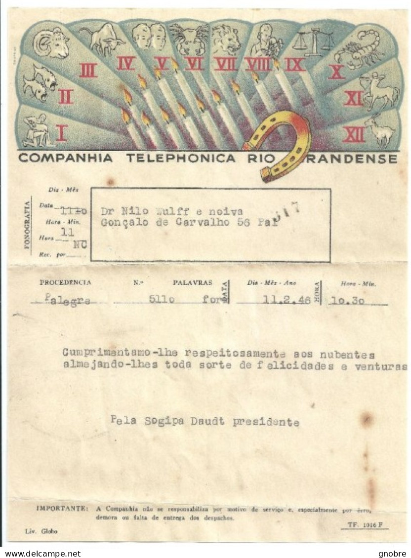 BRAZIL TELEGRAM TELEGRAMA PHONOGRAM FONOGRAMA GRANDENSE 1946 MASONRY HOROSCOPE - Other & Unclassified