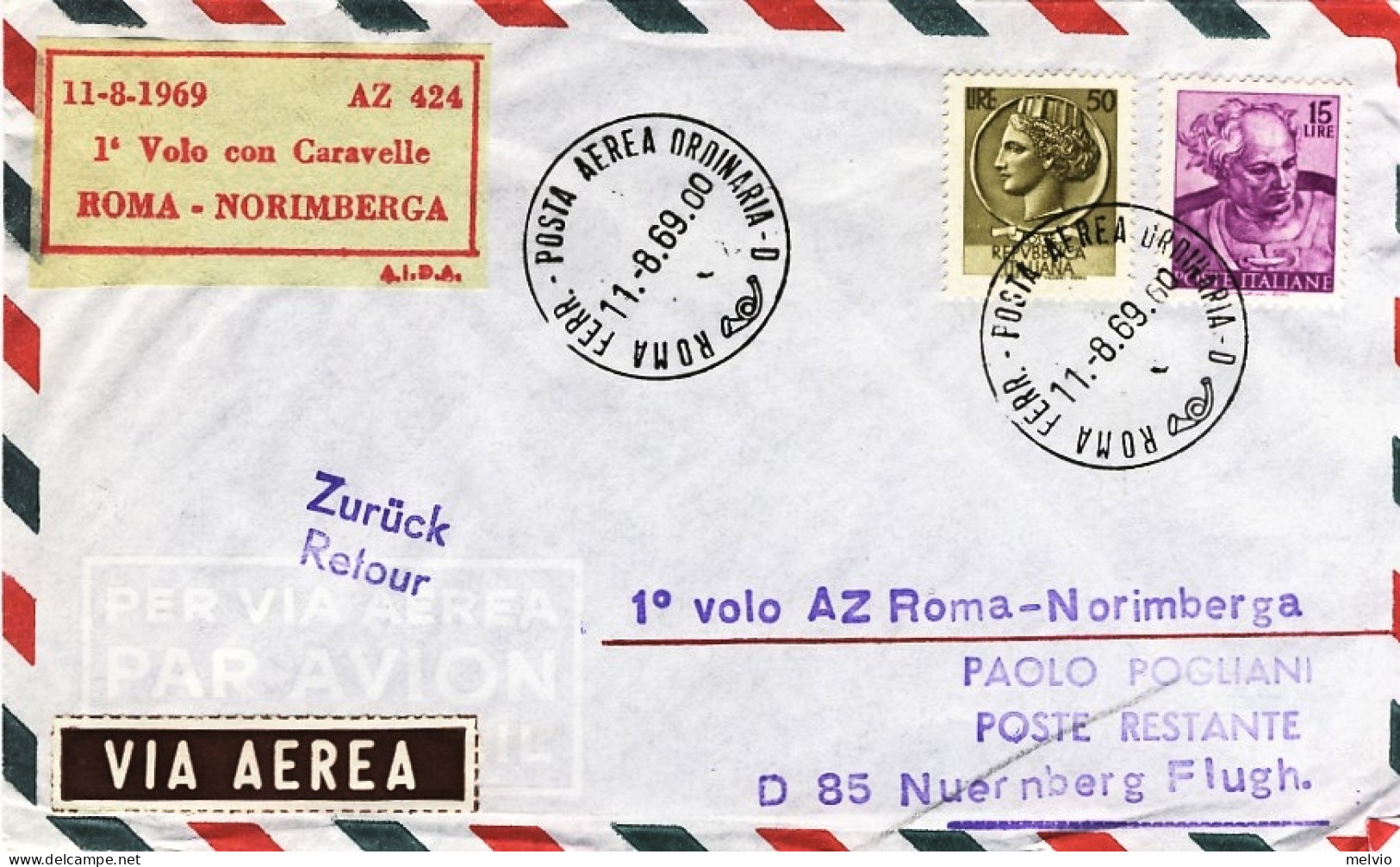 1969-I^volo Con Caravelle AZ 424 Roma-Norimberga Dell'11 Agosto - Airmail