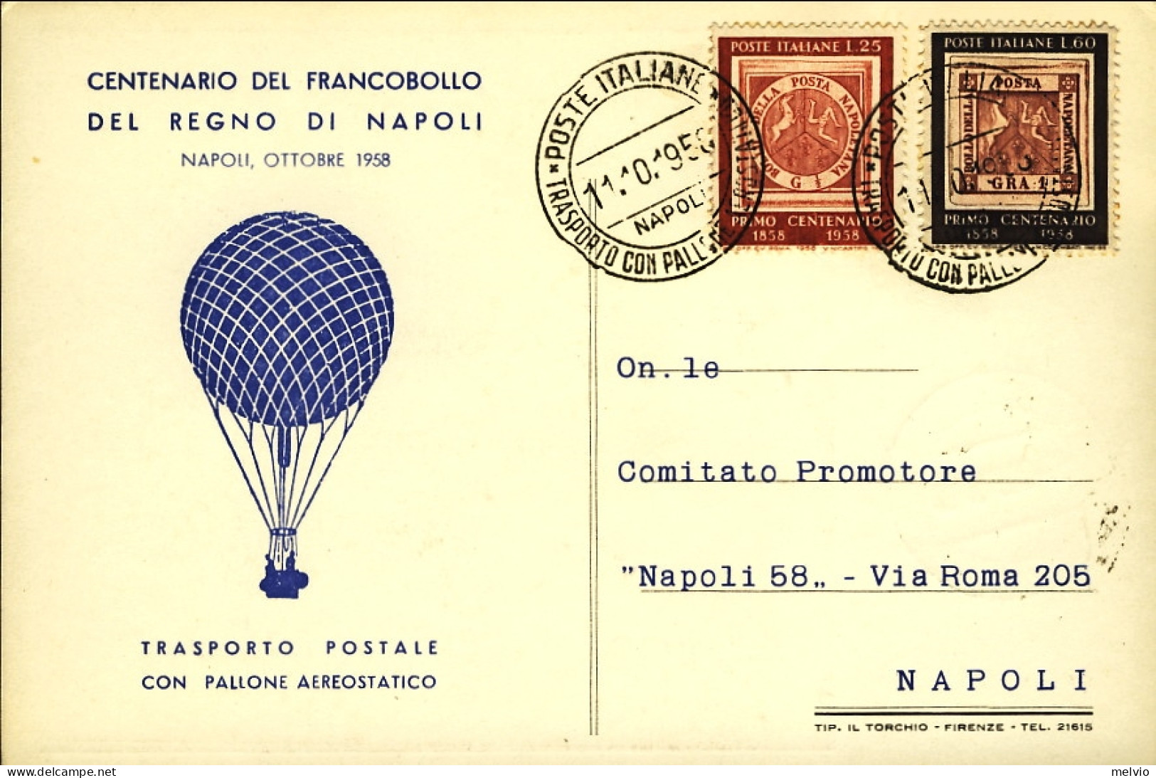 1958-volo Postale Aerostatico Napoli-Pomigliano D'Arco Su Cartolina Centenario F - Luftpost