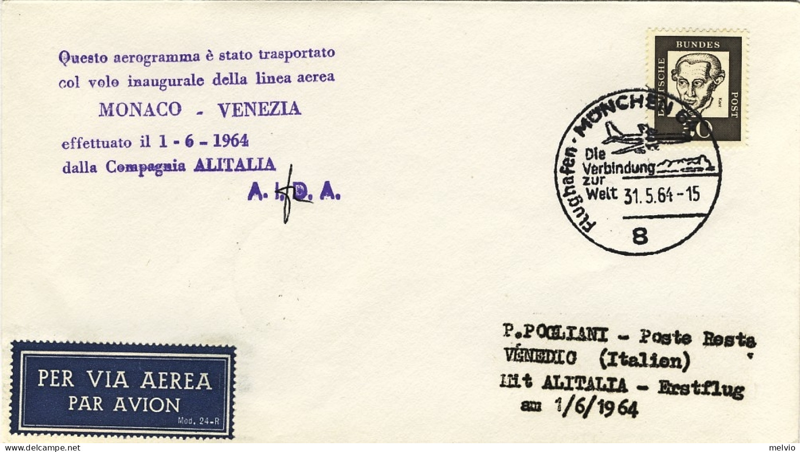 1964-Germania I^volo Alitalia Monaco-Venezia Del 1 Giugno - Covers & Documents