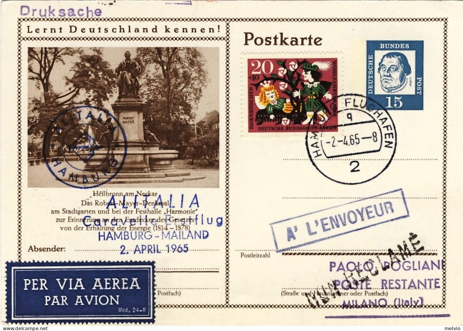 1965-Germania Intero Postale I^volo Caravelle Sulla Linea Alitalia Da Amburgo Pe - Lettres & Documents