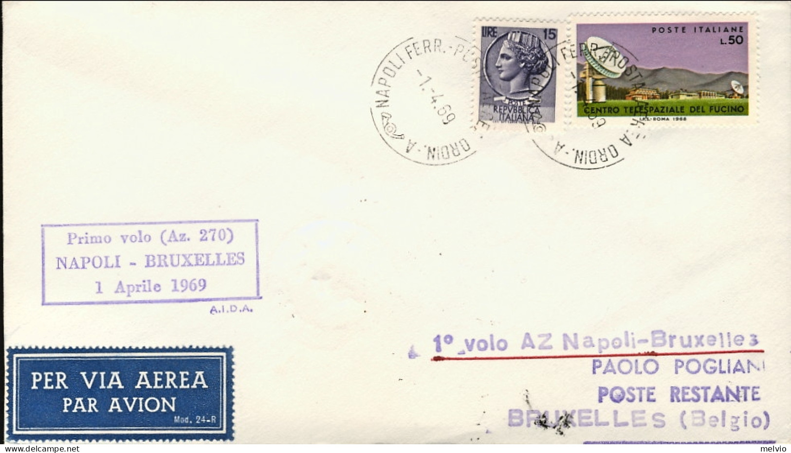 1969-con Bollo I^volo AZ 270 Napoli-Bruxelles Del 1 Aprile - Airmail