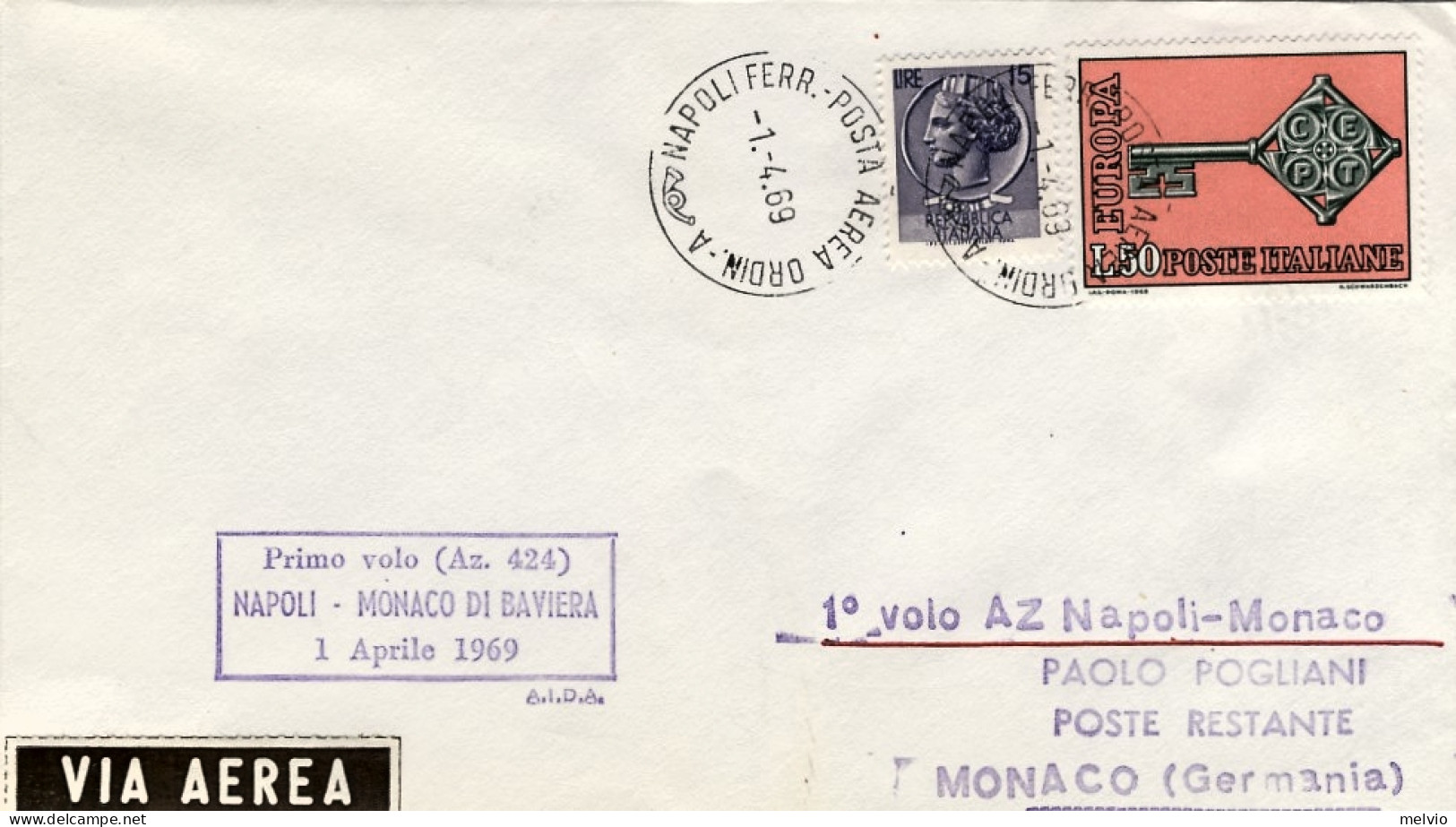 1969-con Bollo I^volo AZ 270 Napoli-Monaco Di Baviera Del 1 Aprile - Poste Aérienne