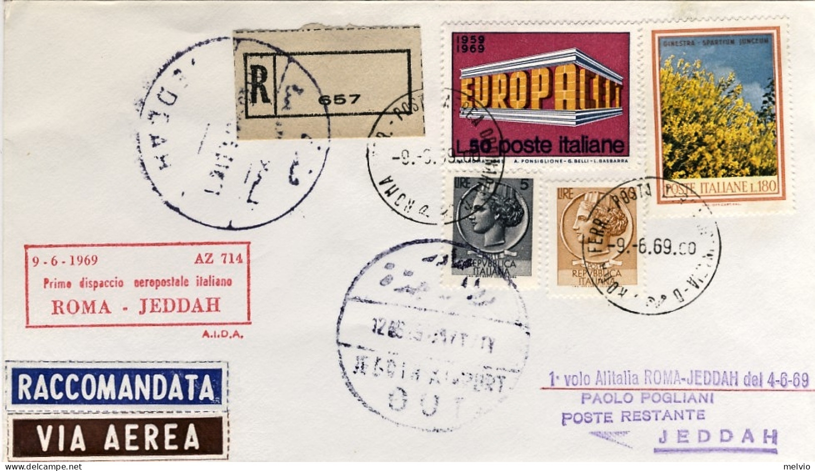 1969-racc. Bollo 1^ Dispaccio Aeropostale Italiano Roma Jeddah Del 9 Giugno - Luftpost