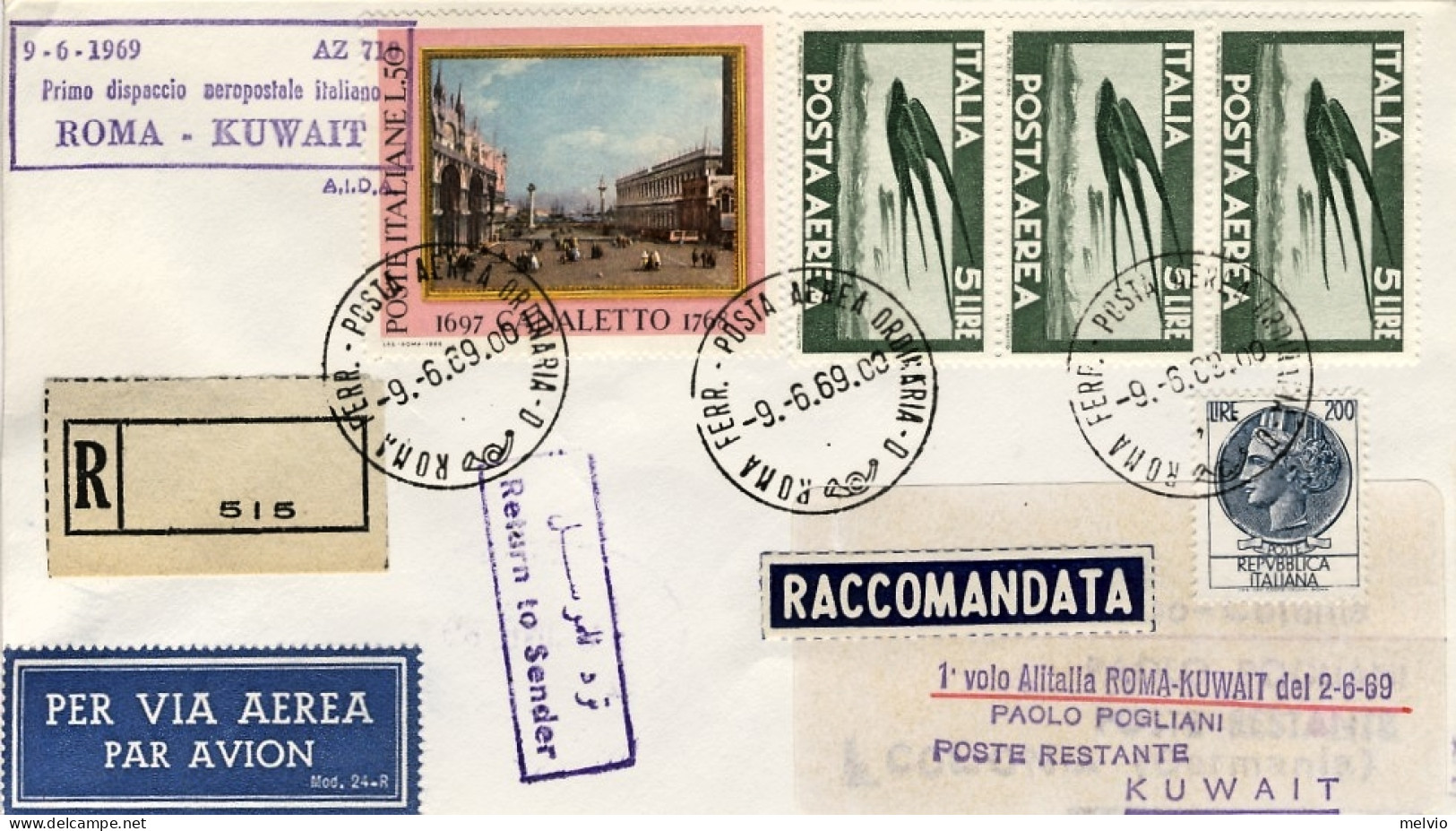 1969-racc. Bollo 1^ Dispaccio Aeropostale Italiano Roma-Kuwait Del 9 Giugno - Luftpost