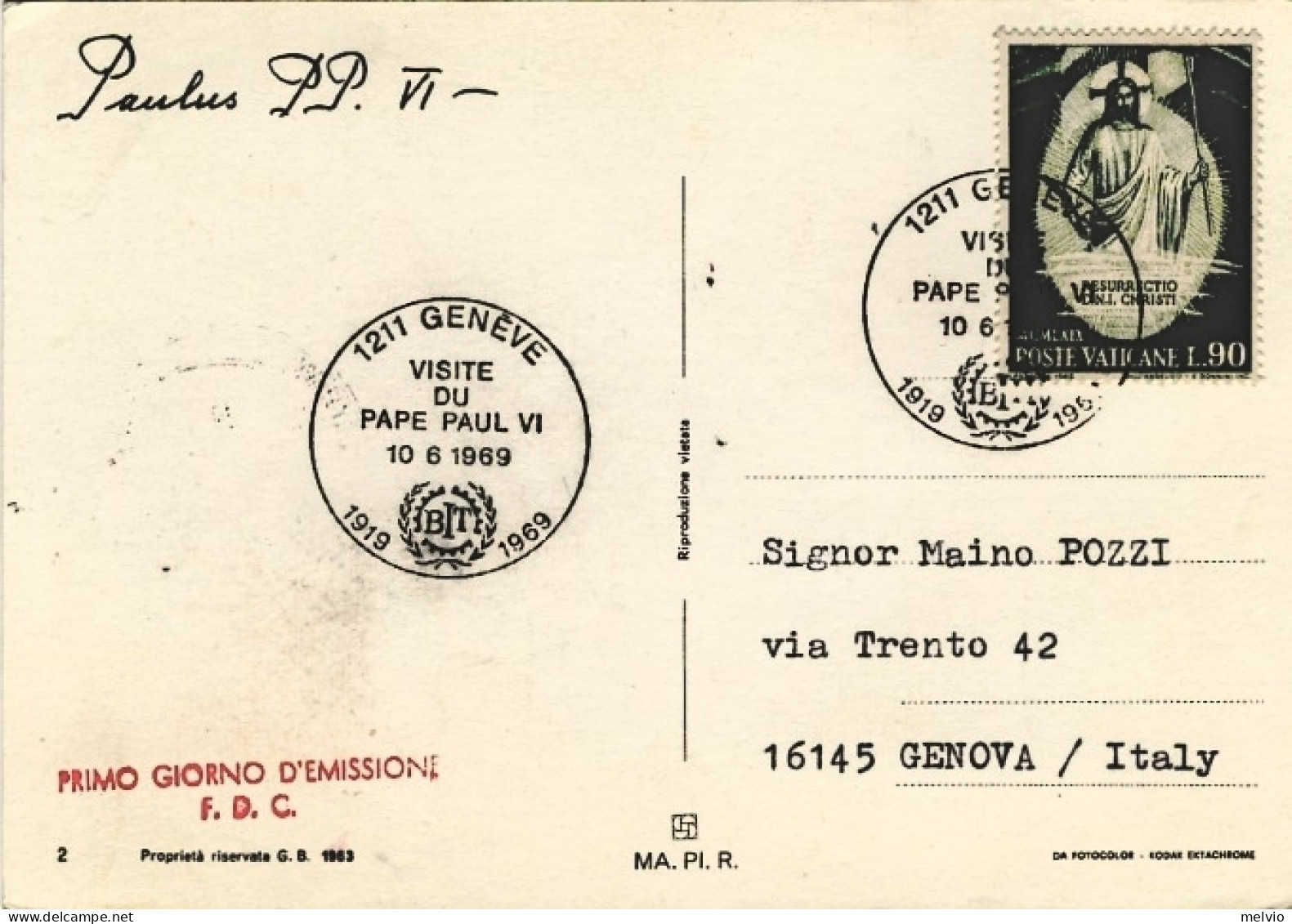 1969-Vaticano Cartolina Paolo VI Visita BIT Di Ginevra - Poste Aérienne