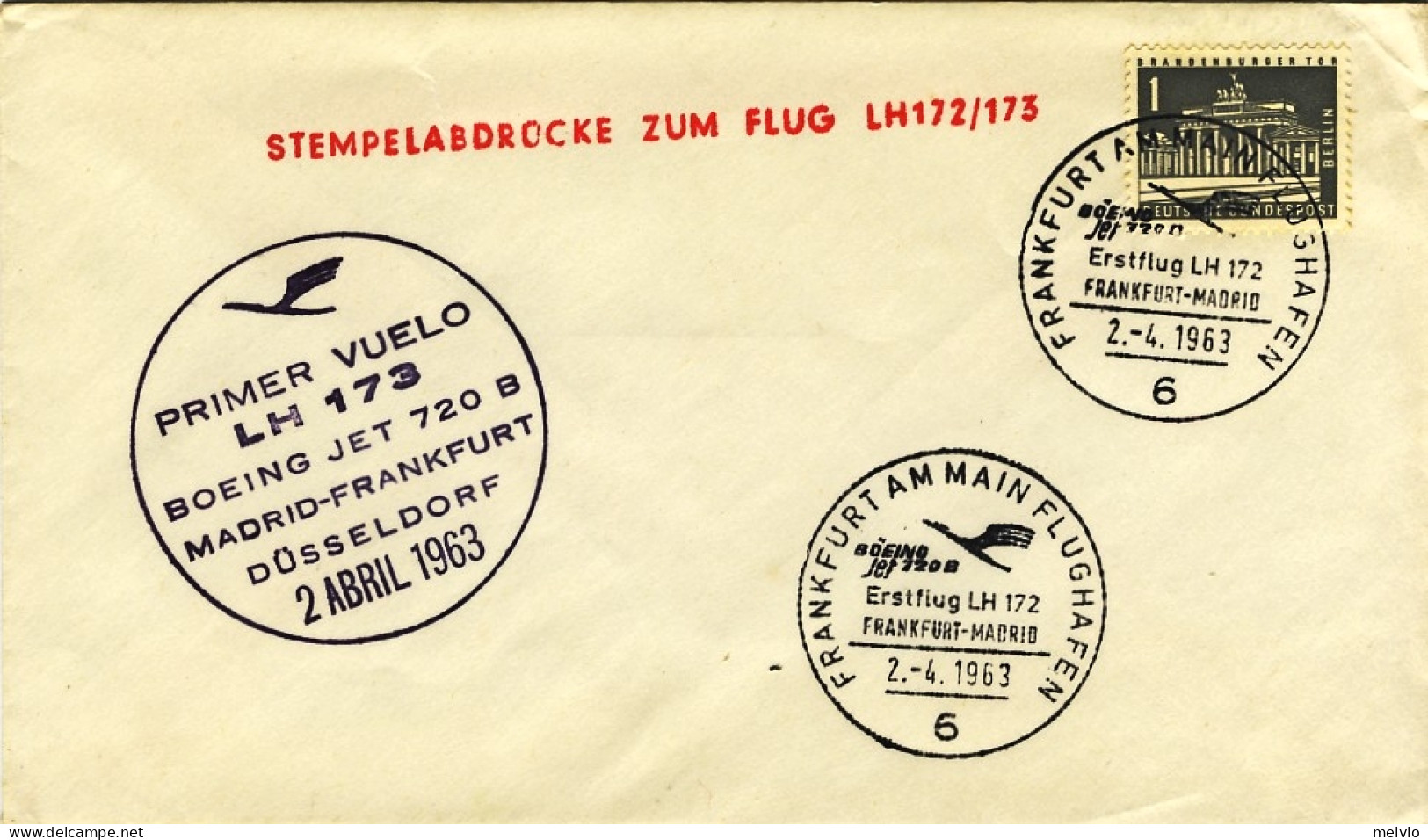 1963-Germania Berlino I^volo Lufthansa LH173 Madrid Francoforte Dusseldorf - Storia Postale