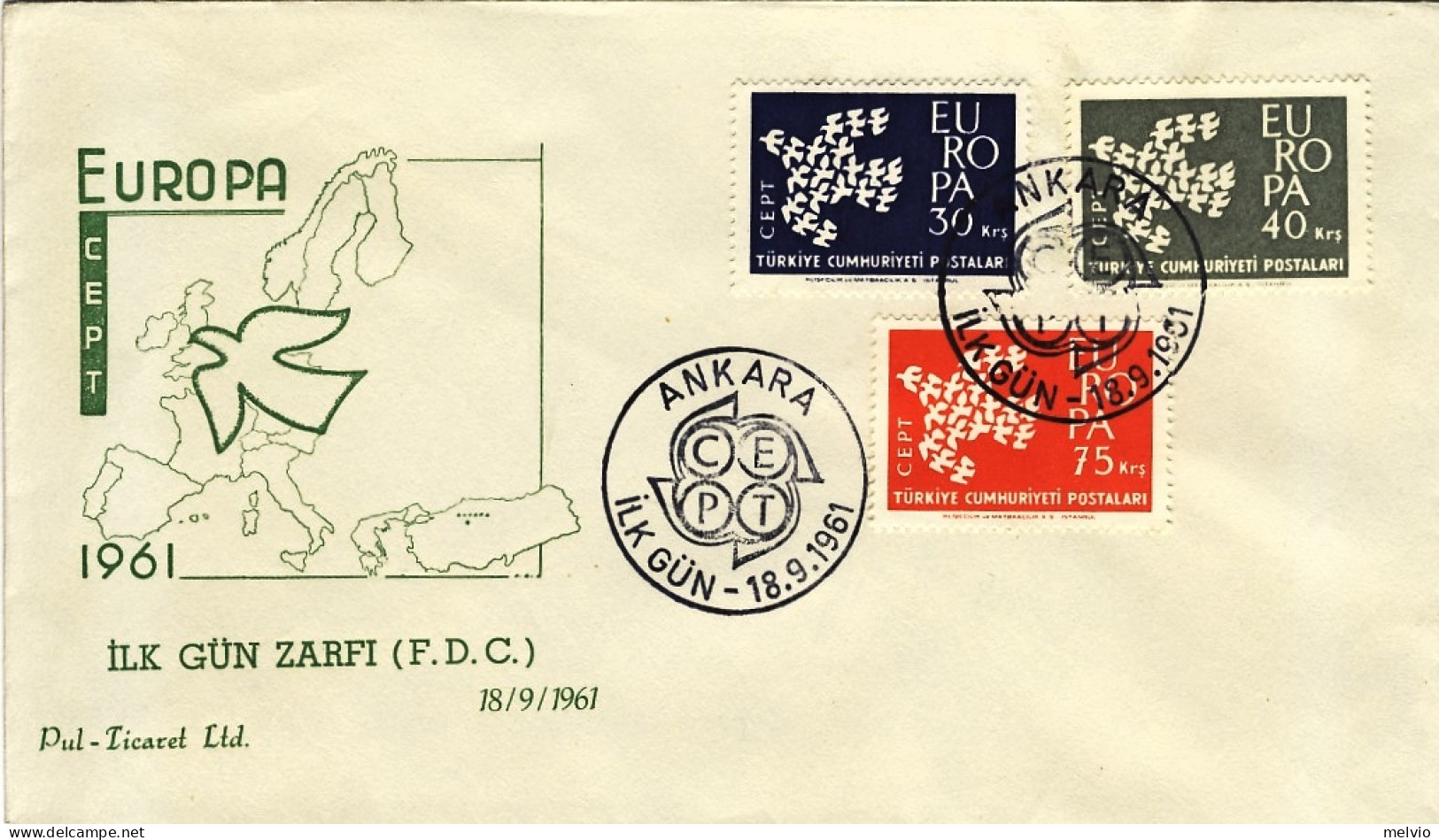 1961-Turchia S.2v."Europa"su Fdc Illustrata,annullo Cachet - Otros & Sin Clasificación