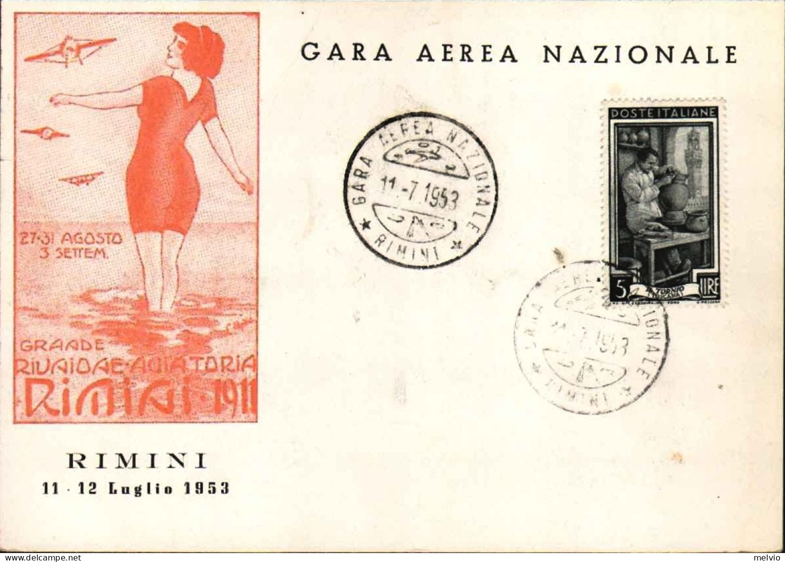 1953-"Gara Aerea Nazionale Rimini"affrancata L.5 Italia Al Lavoro Con Annullo De - Manifestations