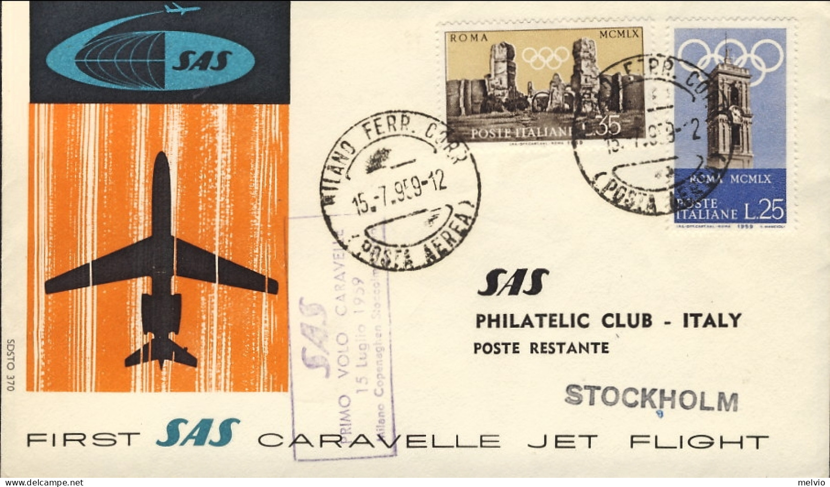 1959-SAS Caravelle Jet Diretto A Stoccolma Affrancata L.60 Preolimpica Con Cache - Airmail