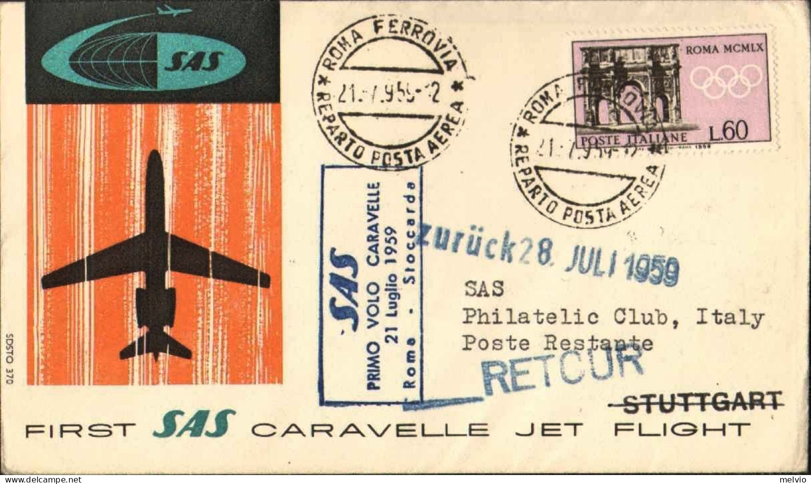 1959-I^volo Caravelle Roma-Stoccarda SAS Caravelle Jet Diretto A Stuttgart Affra - Poste Aérienne