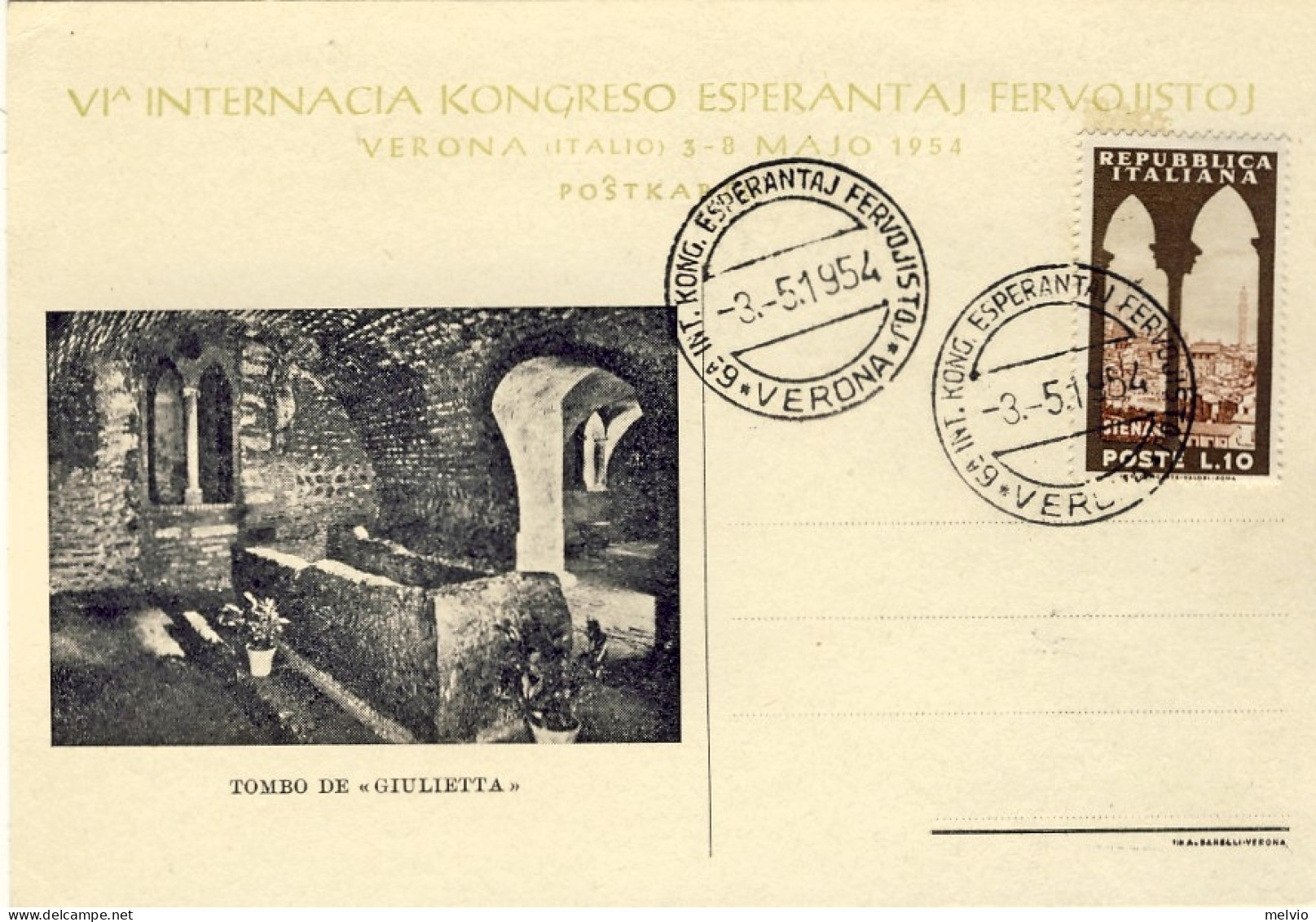 1954-cartolina Commemorativa VI Congresso Internazionale Esperanto A Verona "tom - Esperanto