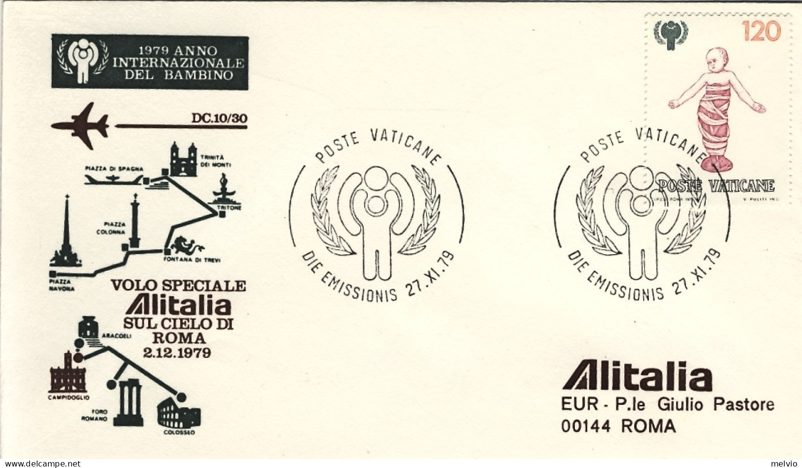 Vaticano-1979 Volo Speciale Alitalia Sul Cielo Di Roma Del 2 Dicembre - Airmail