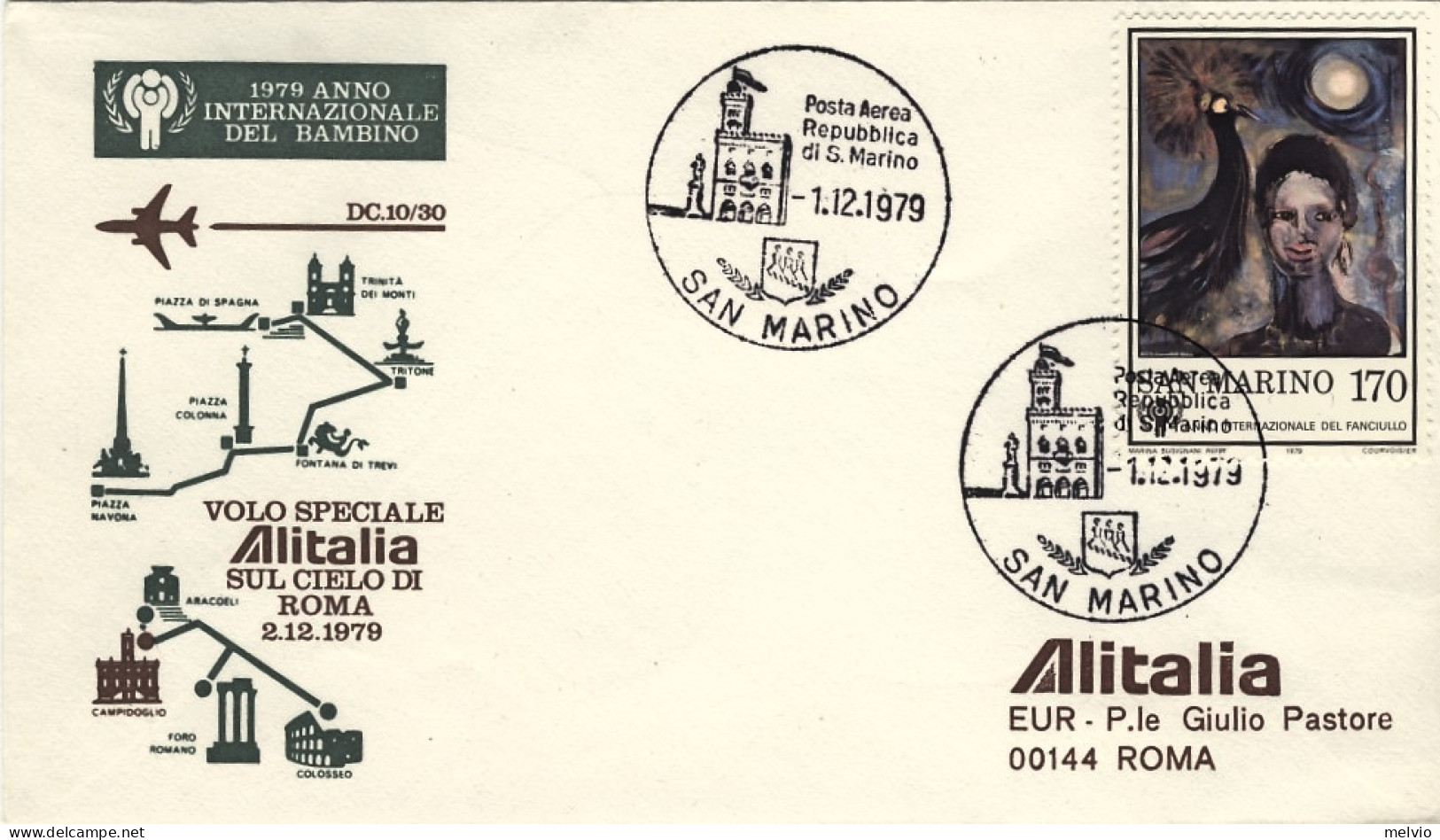 San Marino-1979 Volo Speciale Alitalia Sul Cielo Di Roma Del 2 Dicembre - Luftpost