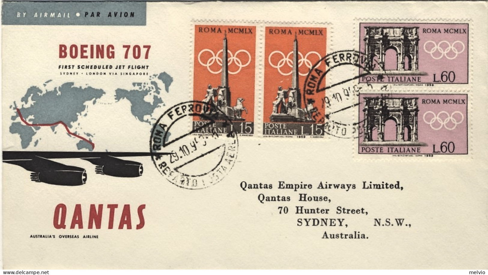 1959-cat.Pellegrini N.1056 Euro 80, Boeing 707-I^volo Quantas Roma Sydney Del 29 - Luchtpost