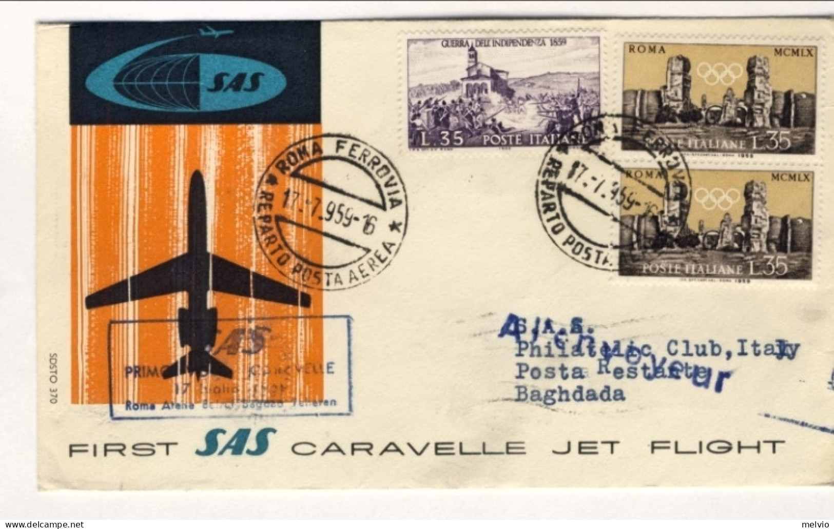 1959-cat.Pellegrini N.1005 Euro 70, I^volo SAS Caravelle Jet Roma Baghdad Del 17 - Luftpost