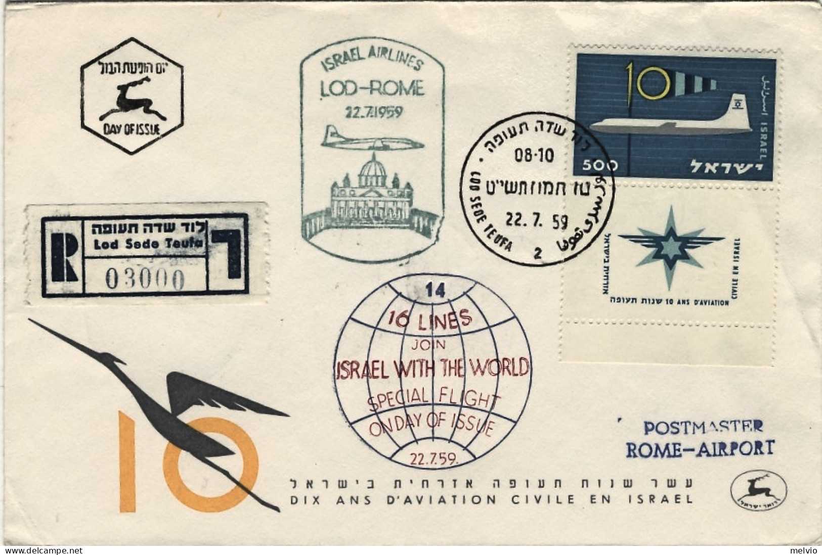 1959-Israele Cat.Pellegrini N.1021 Euro 105, I^volo EL AL Lod Roma Volo Speciale - Luftpost