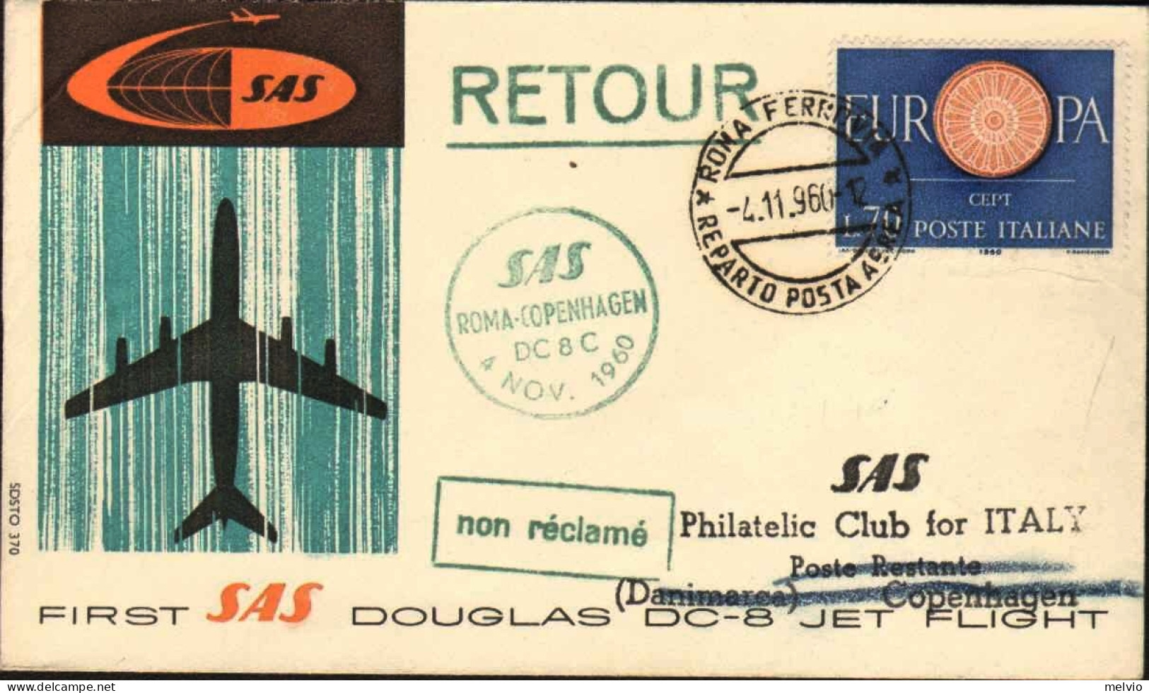 1960-I^volo Roma Copenhagen SAS Douglas DC-8 Jet Affr. L.70 Europa Con Al Verso  - Poste Aérienne