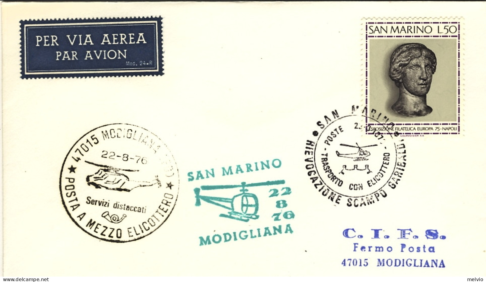 San Marino-1976 Commemorativo Rievocazione Garibaldina Volo Per Elicottero San M - Airmail