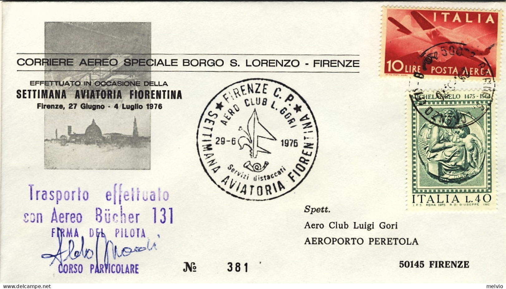 1976-volo Speciale Con Aereo Bucher 131 Borgo S.Lorenzo-Firenze Settimana Aviato - Airmail