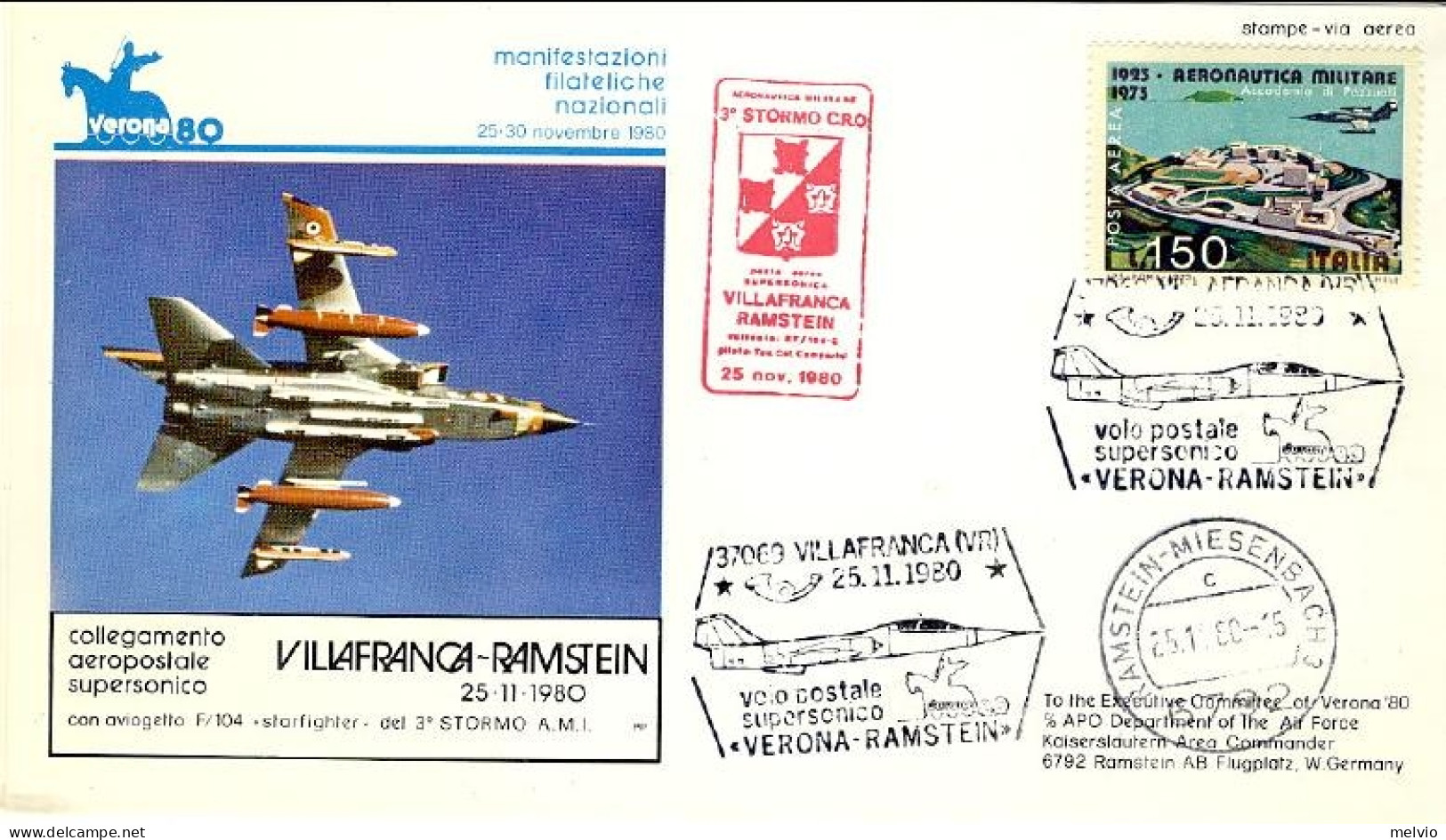 1981-cartolina Verona 80 Posta Aerea Supersonica Villafranca-Ramstein - 1981-90: Marcofilie