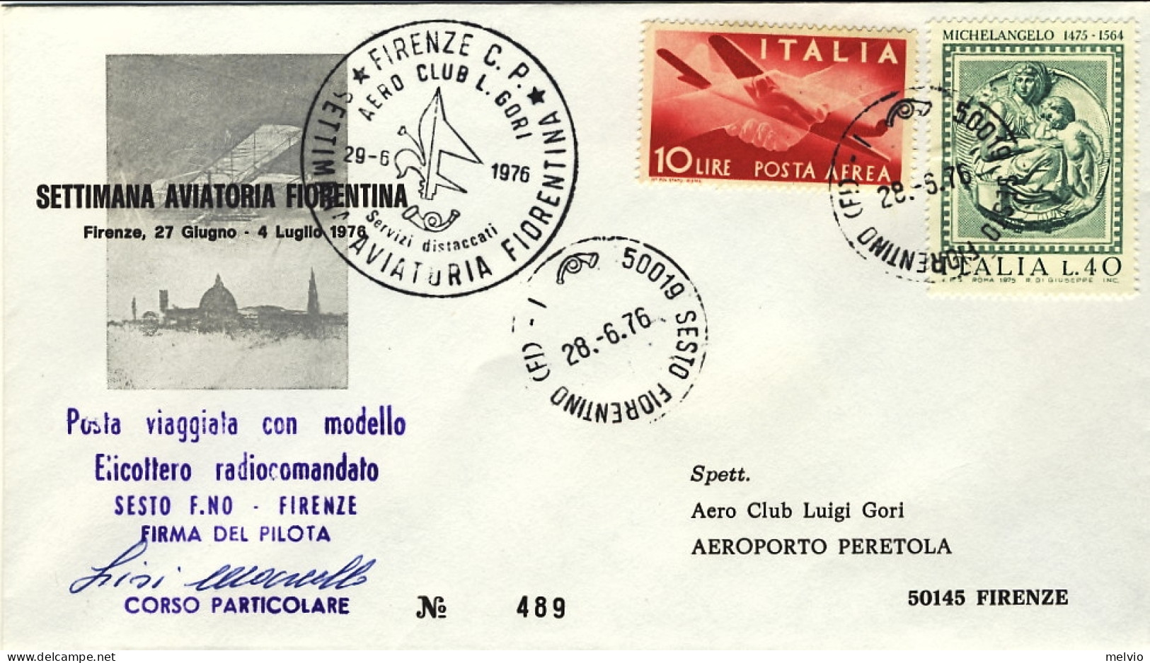 1976-settimana Aviatoria Fiorentina,volo Speciale Con Elimodello Radiocomandato  - Airmail