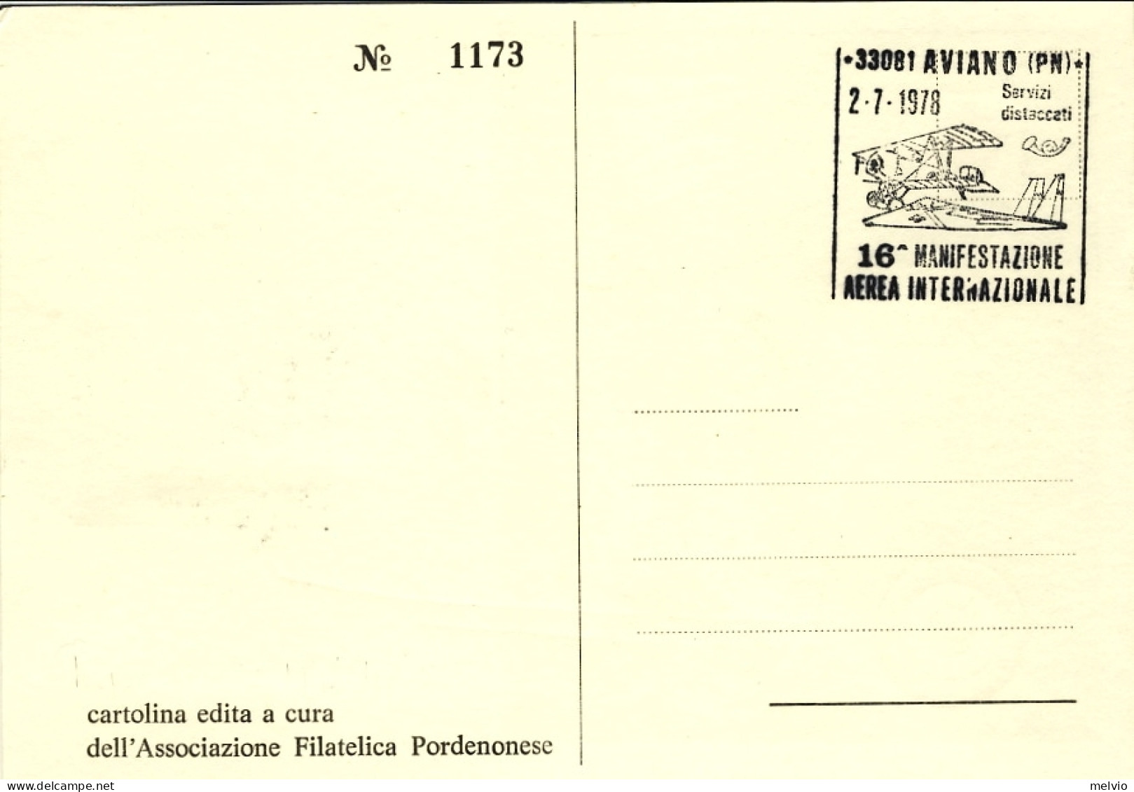 1978-cartolina Ufficiale 16^ Manifestazione Aerea Aviano Pordenone Del 2 Luglio - Poste Aérienne