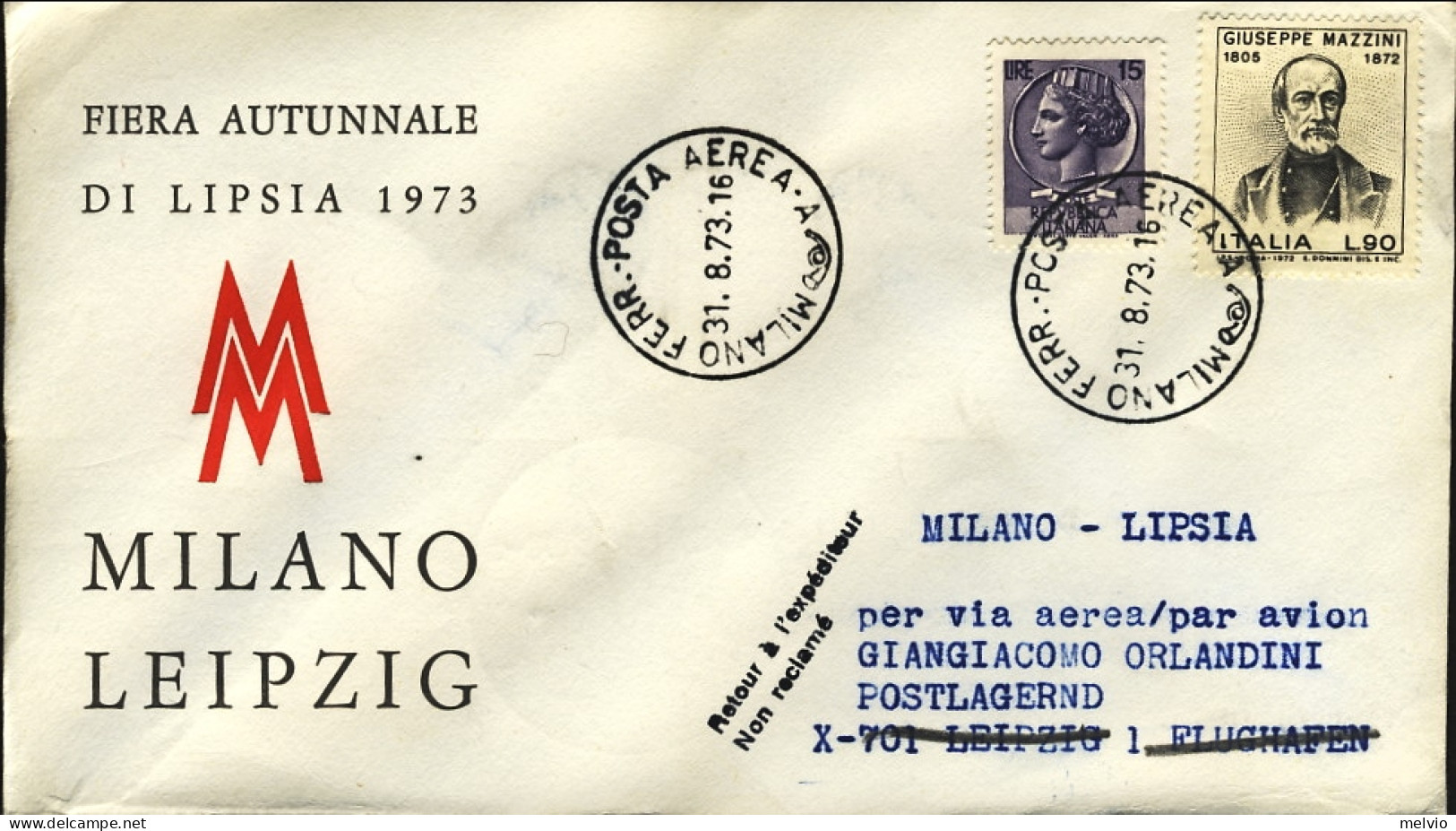 1973-fiera Autunnale Di Lipsia Volo Milano-Lipsia - Luftpost