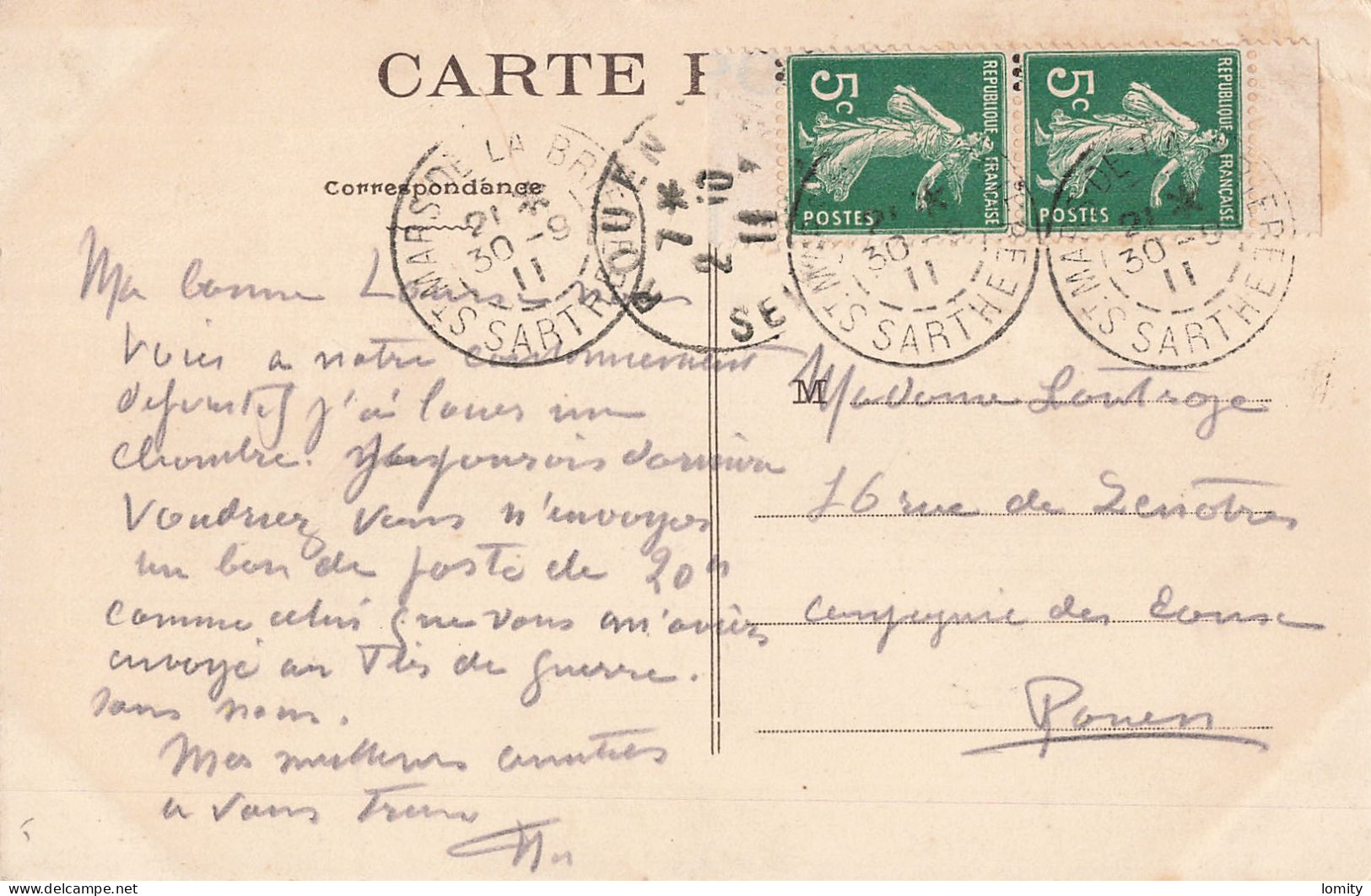 France Semeuse Paire Veticale Issue De Carnet Sur Carte Postale Cachet 1911 , 5 Centimes Vert - 1906-38 Säerin, Untergrund Glatt