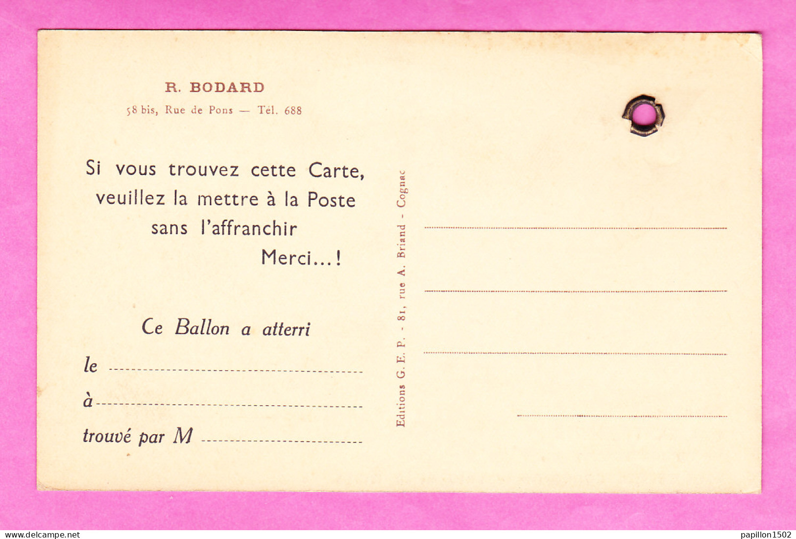 F-16-Cognac-304A66  Cognac Motos R. BODARD, Rue De Pons, Motos, Vélos, Oeillet Pour Accrocher La Carte à Un Ballon - Cognac