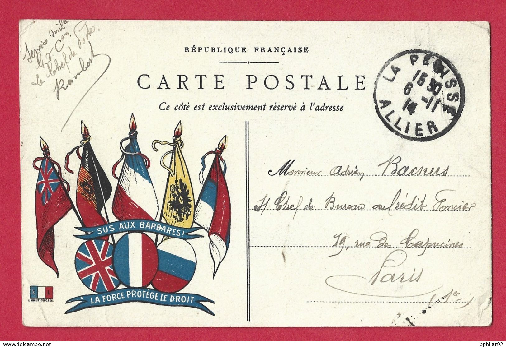 !!! POSTE MILITAIRE, CARTE FM ILLUSTRÉE DRAPEAU AVEC MESSAGE DE PROPAGANDE POUR PARIS DE 1914 - Briefe U. Dokumente