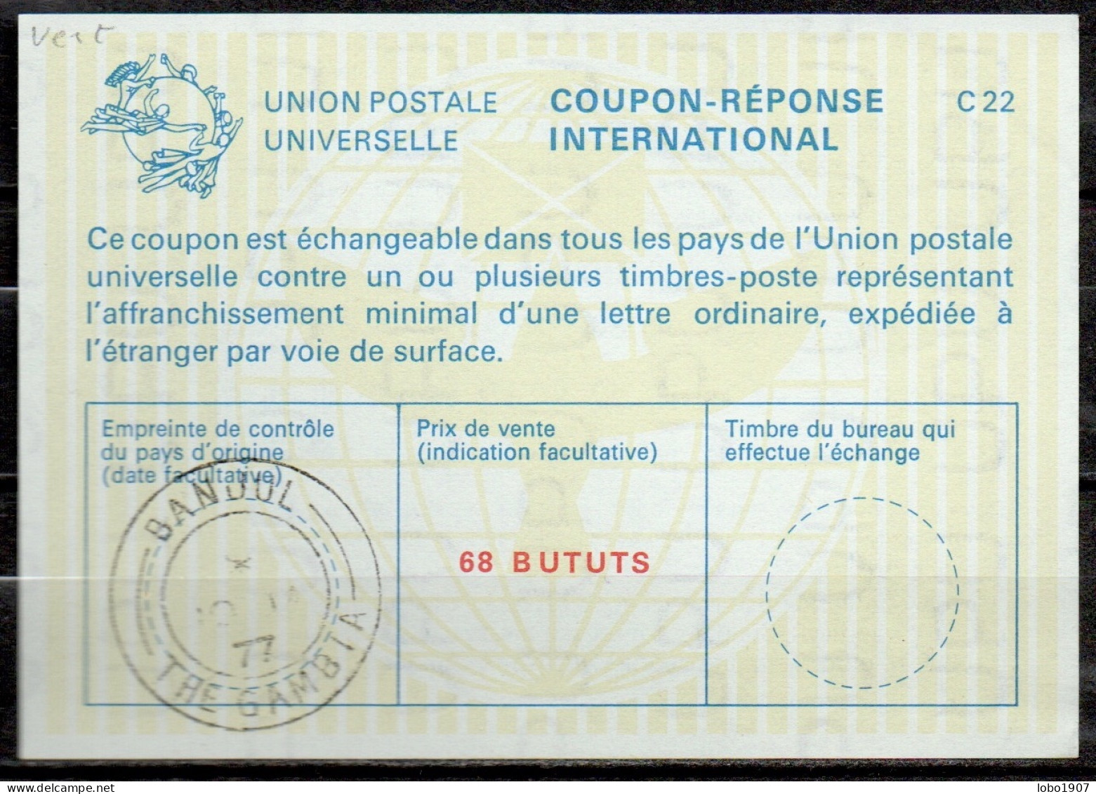 GAMBIE GAMBIA  La23A  68 BUTUTS International Reply Coupon Reponse Antwortschein IRC IAS Cupon Respuesta BANJUL 10.01.77 - Gambia (1965-...)