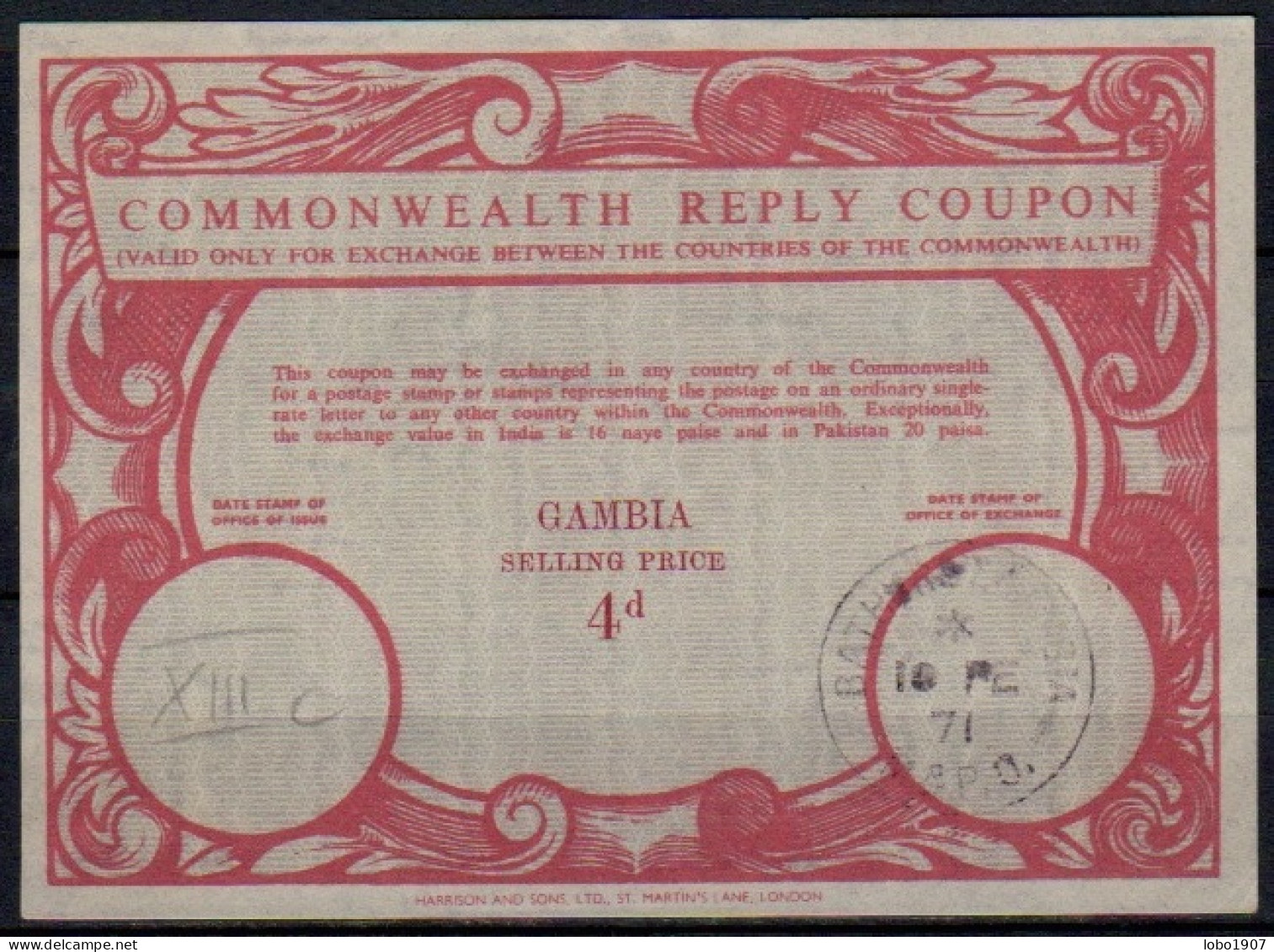 GAMBIE GAMBIA  Co13c  4d  Commonwealth Reply Coupon Reponse Antwortschein IRC IAS Cupon Respuesta O BATHURST 16.02.71 - Gambia (1965-...)