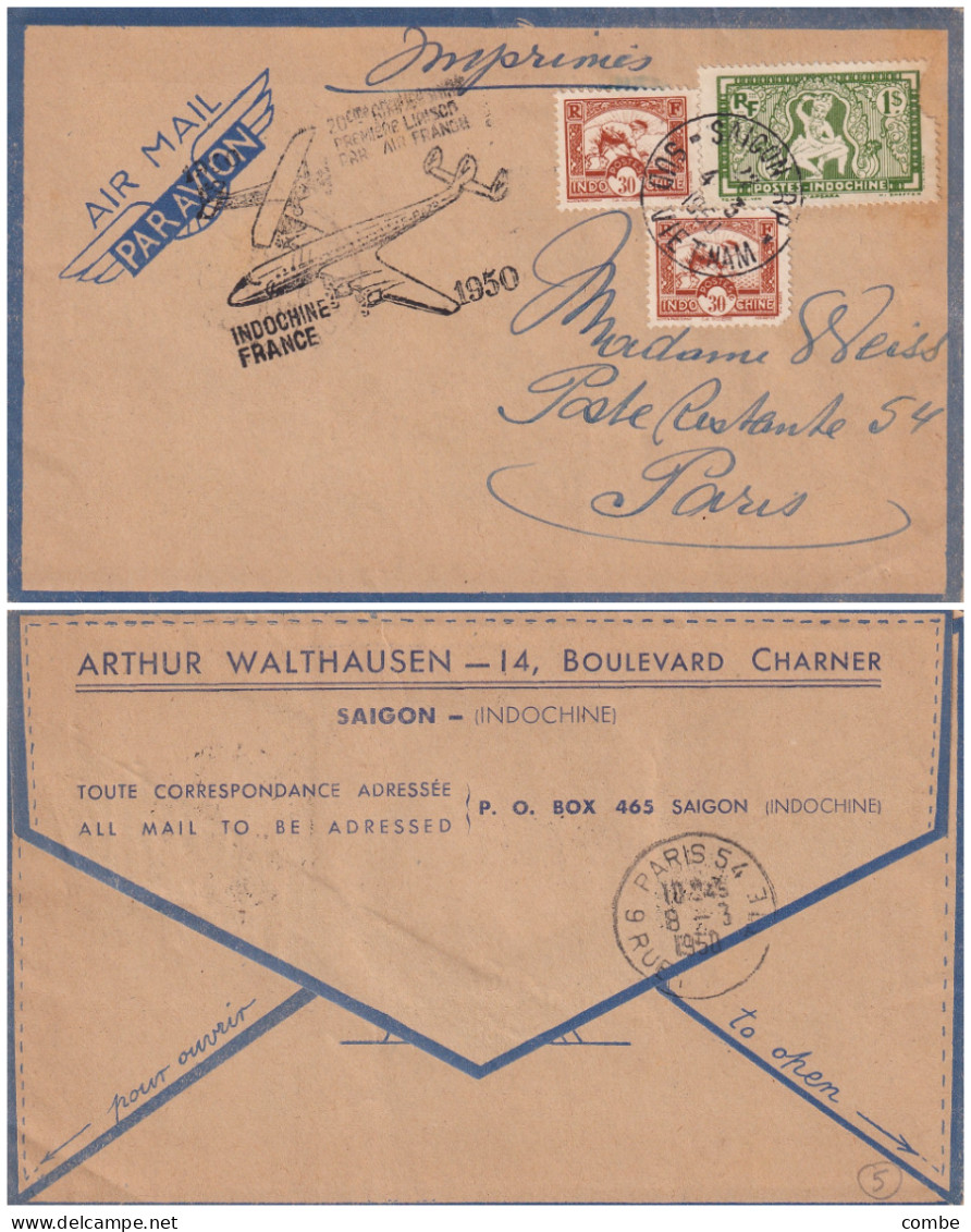 LETTRE. 1950. INDOCHINE. IMPRIMES.20° ANNIVERSAIRE PREMIERE LIAISON PAR AIR FRANCE. SAIGON. ARTHUR WALTHAUSEN POUR PARIS - Emissioni Generali