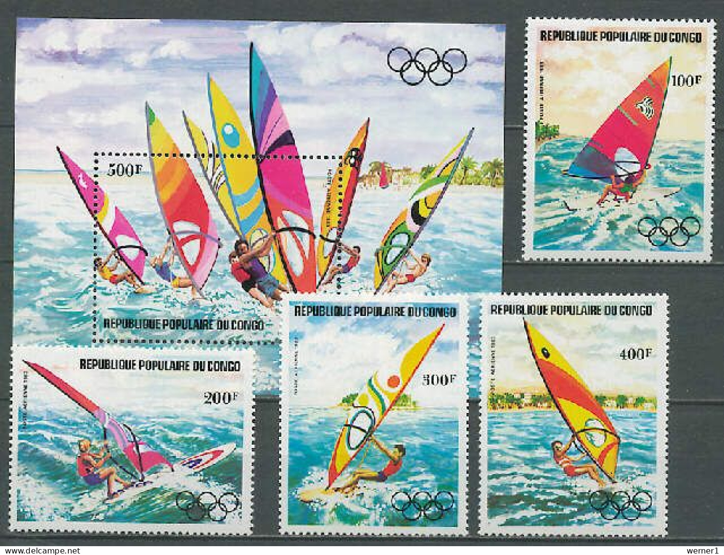 Congo 1983 Olympic Games Los Angeles, Windsurfing Set Of 4 + S/s MNH - Ete 1984: Los Angeles