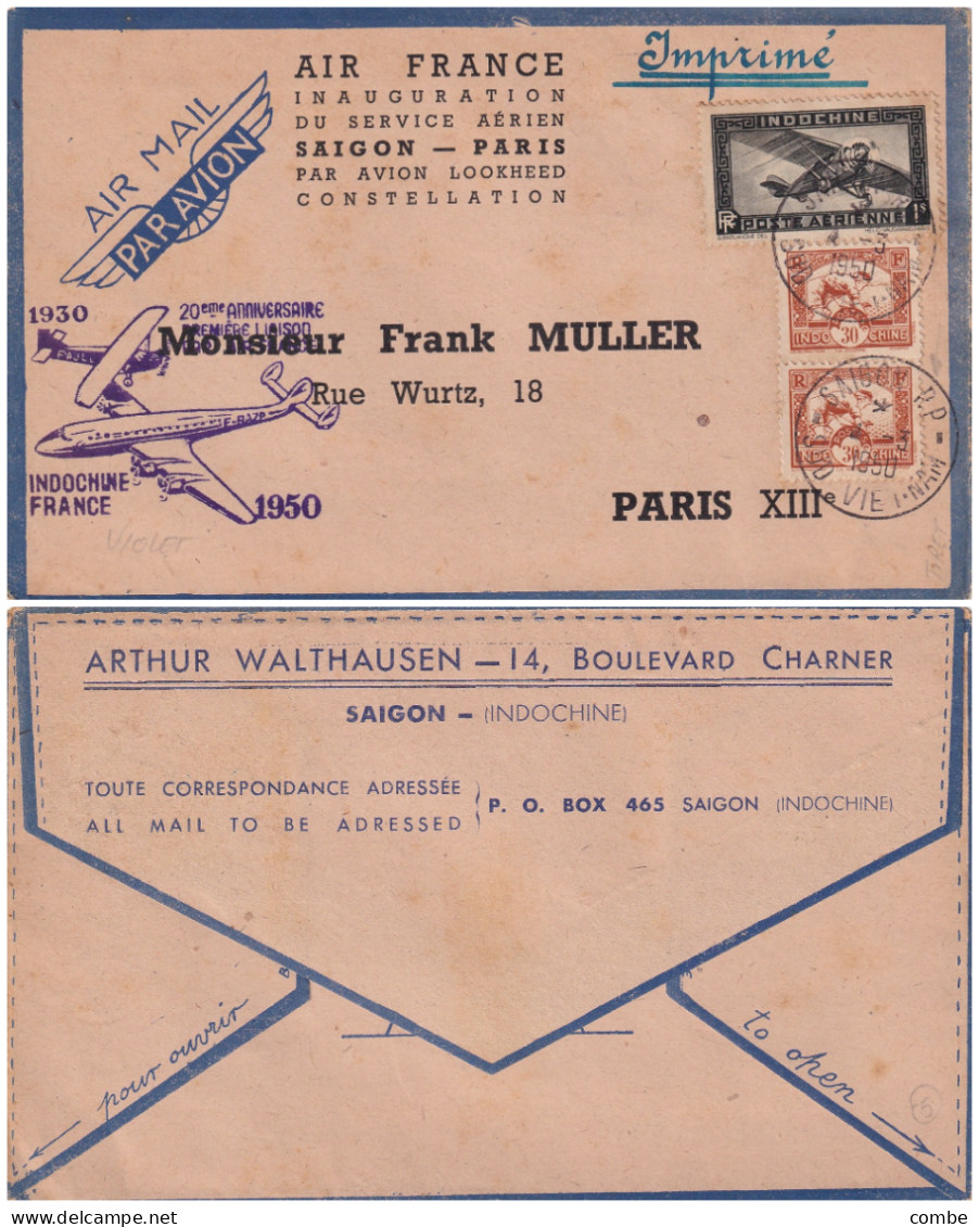 LETTRE. 1950. INDOCHINE. IMPRIMÉ. 20° ANNIVERSAIRE PREMIERE LIAISON PAR AIR FRANCE. SAIGON. ARTHUR WALTHAUSEN POUR PARIS - Emisiones Generales