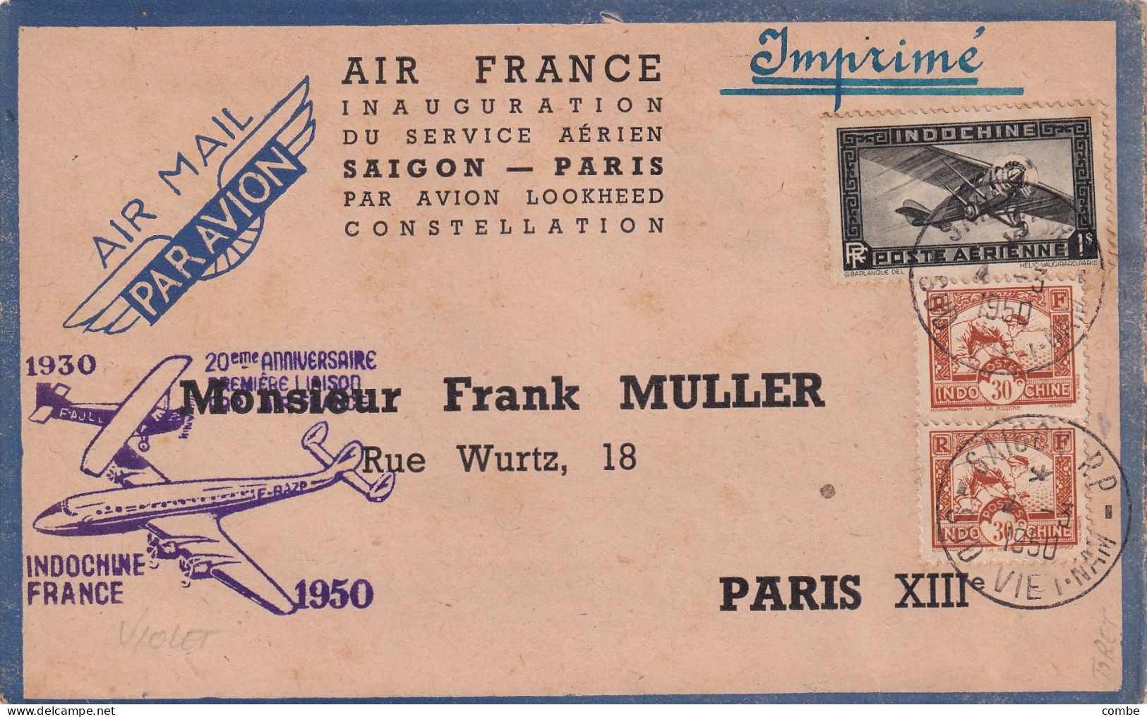 LETTRE. 1950. INDOCHINE. IMPRIMÉ. 20° ANNIVERSAIRE PREMIERE LIAISON PAR AIR FRANCE. SAIGON. ARTHUR WALTHAUSEN POUR PARIS - Emissions Générales