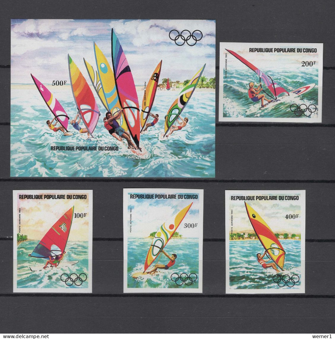 Congo 1983 Olympic Games Los Angeles, Windsurfing Set Of 4 + S/s Imperf. MNH -scarce- - Verano 1984: Los Angeles