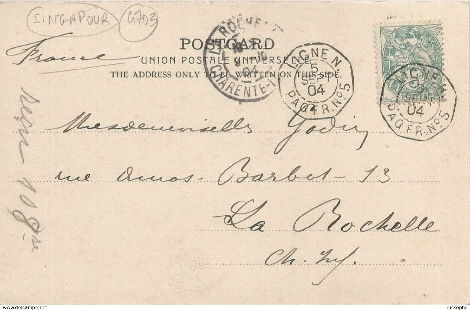 FRANCE - SEA POST- "LIGNE N" DEPARTURE PMK ON FRANKED PC (VIEW OF SINGAPORE) TO FRANCE - 1904 - Maritieme Post