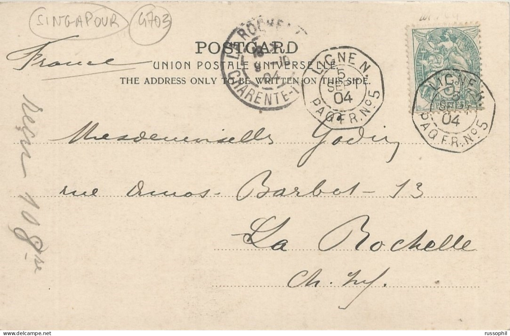 FRANCE - SEA POST- "LIGNE N" DEPARTURE PMK ON FRANKED PC (VIEW OF SINGAPORE) TO FRANCE - 1904 - Correo Marítimo
