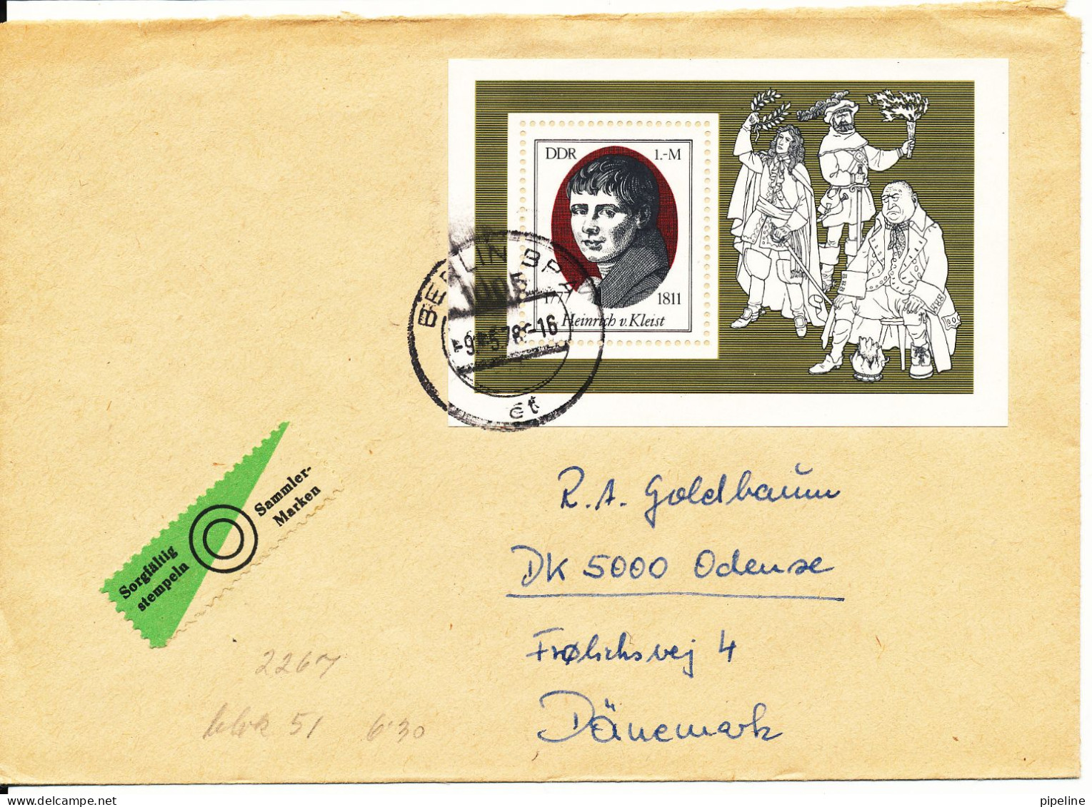 Germany DDR Cover Sent To Denmark Berlin 9-5-1978 Franked With Heinrich Von Kleist Minisheet - Covers & Documents