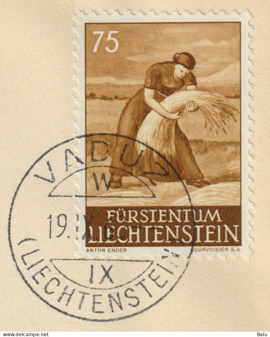 Liechtenstein 1960 Michel Nr. 395 FDC, 3 Scans, Michel 130,-€, 75 Rp. Garbenlegerin Mit EST Vaduz - FDC