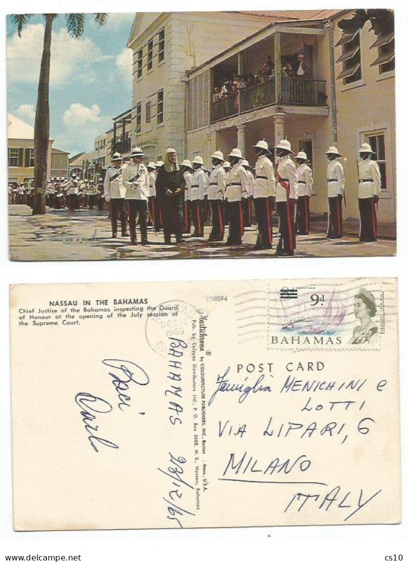 Bahamas Pcard Chief Justice Trooping The Colours 23dec1965 X Italy With OVPT Provisional 9d/6d QE2 - 1963-1973 Autonomía Interna